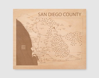 San Diego County Map, Engraved Wood Gift Wall Hanging, San Diego, Chula Vista, Encinitas, La Jolla, Escondido, San Marcos, La Mesa, Map Art