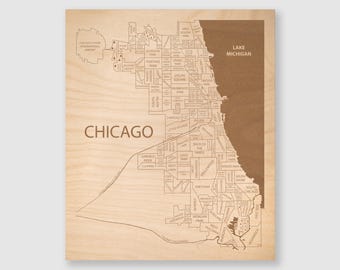 Chicago Engraved Wood Map Art: Personalized Neighborhood Map