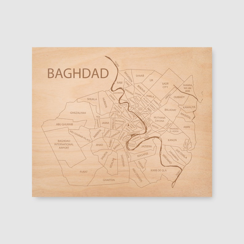 Baghdad Map Laser Engraved Iraq Neighborhood Map Custom Military Gift 10x12 image 1
