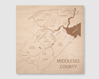 Middlesex County New Jersey Engraved Wood Map, Personalized Closing Gift, New Home Gift, Moving Away Gift, Custom Map Art for Wedding Gift