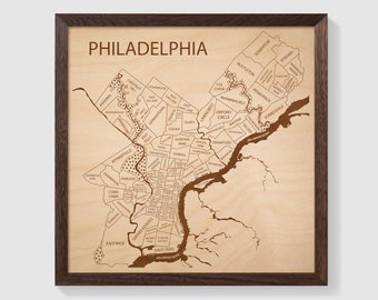 Philadelphia Map Wall Art, Philadelphia Pennsylvania Engraved Wood Neighborhood Map, 5th Anniversary Gift, Realtor Gift
