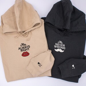Matching Couple Hoodies, Mrs Always Right Mr Never Wrong Embroidered Sweatshirts