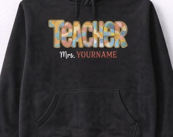 Sudadera bordada personalizada para profesor, sudadera con capucha con bordado de nombre personalizado, regalo minimalista para profesor