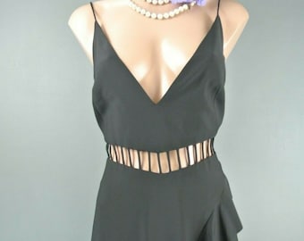 Vintage Free People Black Maxi Dress 6 Solid Boho chick Ruffle Formal V neckline Cut out