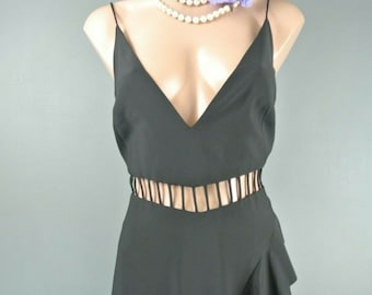 Vintage Free People Maxi vestido negro 6 Solid Boho chick Ruffle Formal V escote recortado