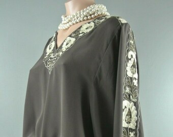 Vintage Joie Silk Brown Blouse M Bohemian Embroidered Tunic Top Floral belted dolman 227