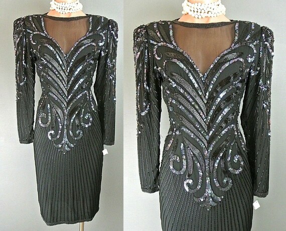 Vintage Silk Sequin Beaded Formal Dress 10 Black Party*1008