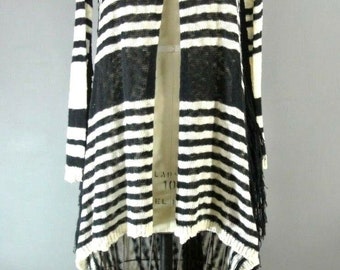 Vintage Long Cardigan Jacket S Black/White Striped Fringe #1031 BSB Jeans
