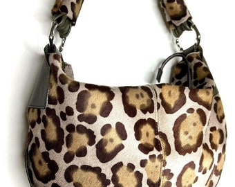 Falor handbag leopard Hobo Bag Calf Hair Brown Green Leather Italy Boho Satchel