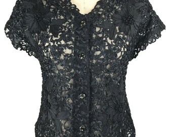 Nics vintage Dentelle Noire Top S Brodé formel transparent floral soirée crochet227