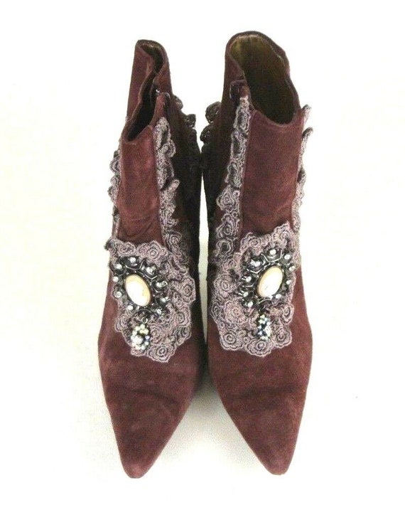Vintage Victorian Ankle Boots 6.5 M Suede Burgund… - image 2