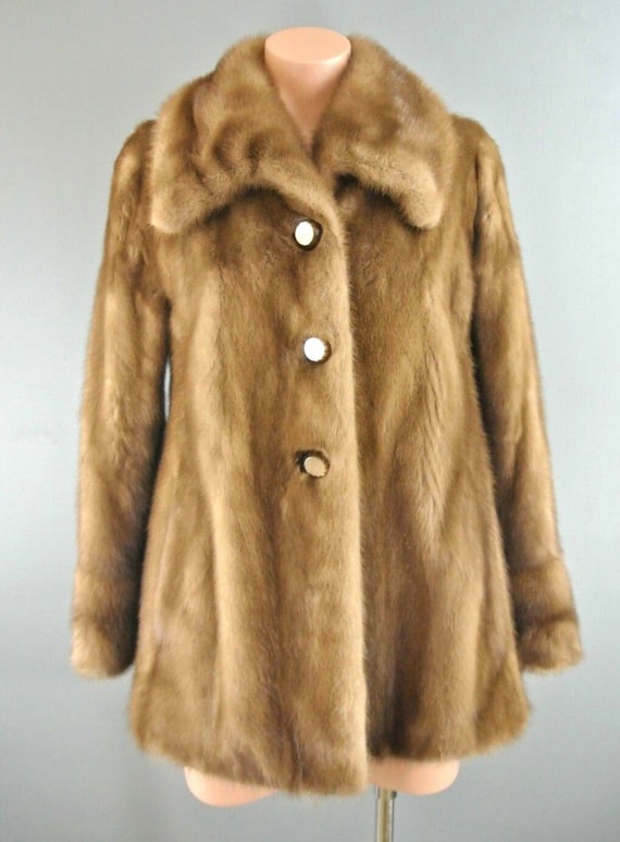 Vintage Real Mink FUR Coat S Golden Brown Button front 3/4 Hip Length Short Collared