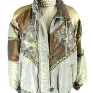 Vintage Gallery Quilted Patchwork Bomber Jacket L Womens Green/Brown worm 1027