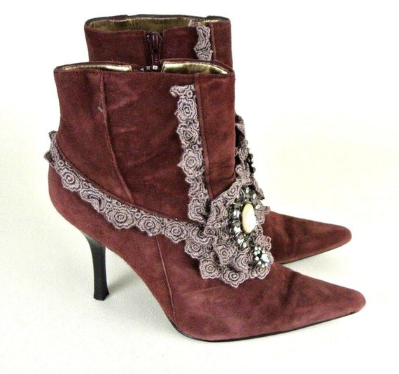 Vintage Victorian Ankle Boots 6.5 M Suede Burgund… - image 1