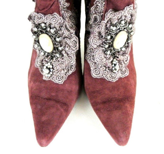 Vintage Victorian Ankle Boots 6.5 M Suede Burgund… - image 3