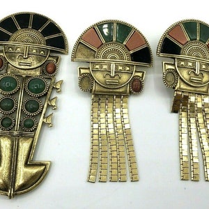 Vintage Aztec Brooch Earring Set Gold jewelry set 227