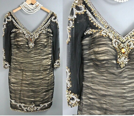 Terani Couture Beaded Cocktail Dress 6/S Black/Gol