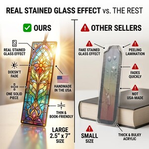 May include: A rectangular bookmark with a stained glass effect featuring floral patterns in red, yellow, green, and blue. Text labels indicate it is handmade in the USA, measures 2.5 inches by 7 inches, is thin, and does not fade.