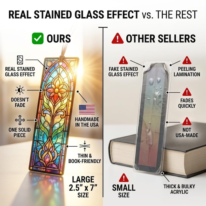 May include: A rectangular bookmark with a stained glass effect featuring floral patterns in red, yellow, green, and blue. Text labels indicate it is handmade in the USA, measures 2.5 inches by 7 inches, is thin, and does not fade.