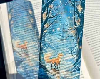 Fox in snowy forest bookmark — starlit winter scene with glowing trees and soft snow, magical woodland gift