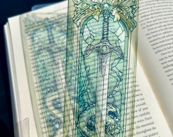 Fantasy Sword & Dragon Bookmark,Stained Glass Medieval Design in Emerald Tones, Epic Gift for Fantasy Readers, Medieval Bookmark