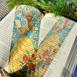 Stained Glass Belle and Roses Bookmark – Beauty And The Beast Elegant Princess Belle Bookmark with Stained Glass Rose Garden Design