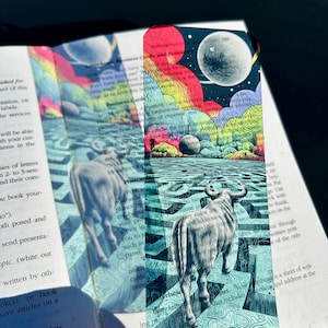 Minotaur Bookmark – Surreal Labyrinth Art with Rainbow Planets | Myth-Inspired Gift for Readers