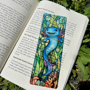Blue Axolotl Bookmark, Cute Handmade Bookmark with Stained Glass Look, Unique Gift for Book Lovers and Axolotl Fans
