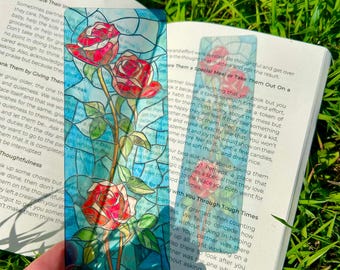 Red Rose Stained Glass Bookmark – Elegant Floral Bookmark, Gothic Victorian Page Marker, Beauty and the Beast Inspired Gift, Book Lover