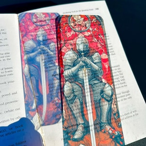 Medieval Knight Bookmark – Stained Glass Style Warrior Kneeling with Sword | Bookmark For Men