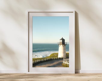 May include: A white lighthouse with a black roof stands on a grassy cliff overlooking a blue ocean with white waves crashing on the shore.