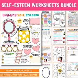 May include: A set of printable worksheets designed to help build self-esteem. The worksheets feature colorful illustrations and prompts for reflection and self-discovery. The title of the set is "Self-Esteem Worksheets Bundle".