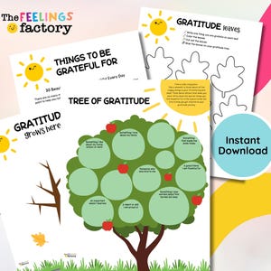 May include: A collection of printable gratitude worksheets with a tree graphic, sun illustrations, and the text "Things to be grateful for" and "Gratitude leaves." The worksheets are designed for journaling and self-reflection.