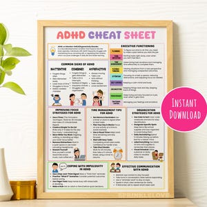 Può includere: Un cheat sheet stampabile colorato con suggerimenti e strategie per gestire l'ADHD. Il foglio include sezioni su segni comuni, miglioramento della concentrazione, gestione del tempo, organizzazione, affrontare l'impulsività e comunicazione efficace.