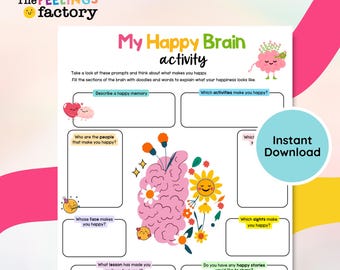 Happy Brain Activity Worksheet, Self-Love Prompts (Instant Download)