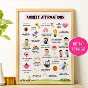 Angstaffirmaties voor kinderen en tieners, afdrukbare poster copingvaardigheden, mantra's geestelijke gezondheid, gedragsbeheertool, digitale download