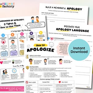 Può includere: Un set di schede didattiche intitolate The Feelings Factory, contenenti guide sui 5 linguaggi delle scuse, su come costruire scuse significative e su come scusarsi, con grafici, testo e illustrazioni su fogli di carta bianchi.