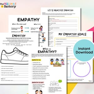 Può includere: Una raccolta di fogli di lavoro stampabili incentrati sull'empatia, con il testo "EMPATHY" e "Download istantaneo". I fogli di lavoro includono domande sulla comprensione dei sentimenti e sulla pratica dell'empatia.