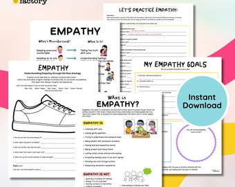 May include: A collection of printable worksheets focused on empathy, featuring the text "EMPATHY" and "Instant Download." The worksheets include prompts about understanding feelings and practicing empathy.