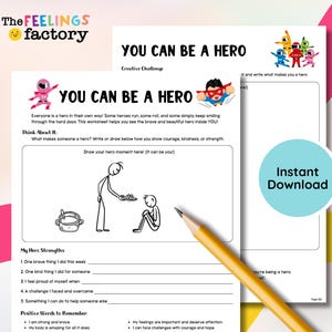May include: A printable worksheet titled "You Can Be A Hero" with fill-in-the-blank sections and drawing prompts. The worksheet includes the text "Instant Download" and features cartoon illustrations of superheroes and stick figures.