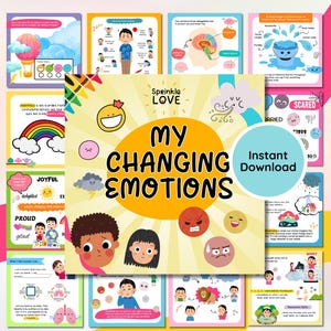 May include: A set of printable educational posters for children about emotions. The posters feature colorful illustrations of children's faces and cartoon characters expressing different emotions. The posters include the words "My Changing Emotions" and "Instant Download".