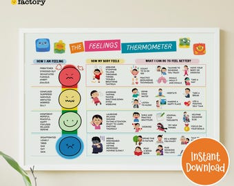 Puede incluir: Un gráfico de termómetro de sentimientos enmarcado con el texto "The Feelings Factory". El gráfico utiliza un sistema codificado por colores para identificar los sentimientos y ofrece sugerencias para afrontarlos. Incluye el texto "Instant Download."