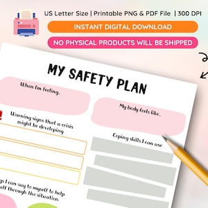 mental health worksheet, safety plan template, depression support tool, printable therapy tool, crisis plan worksheet, digital mental health tool, mental health planner, therapy worksheet printable, coping strategies worksheet, instant download PDF, mental health self care, emotional wellness plan, printable mental health guide
