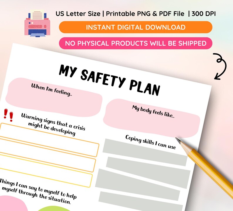 mental health worksheet, safety plan template, depression support tool, printable therapy tool, crisis plan worksheet, digital mental health tool, mental health planner, therapy worksheet printable, coping strategies worksheet, instant download PDF, mental health self care, emotional wellness plan, printable mental health guide