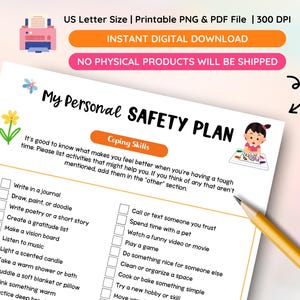 mental health worksheet, safety plan template, depression support tool, printable therapy tool, crisis plan worksheet, digital mental health tool, mental health planner, therapy worksheet printable, coping strategies worksheet, instant download PDF, mental health self care, emotional wellness plan, printable mental health guide