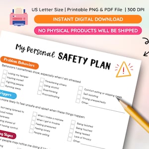 mental health worksheet, safety plan template, depression support tool, printable therapy tool, crisis plan worksheet, digital mental health tool, mental health planner, therapy worksheet printable, coping strategies worksheet, instant download PDF, mental health self care, emotional wellness plan, printable mental health guide