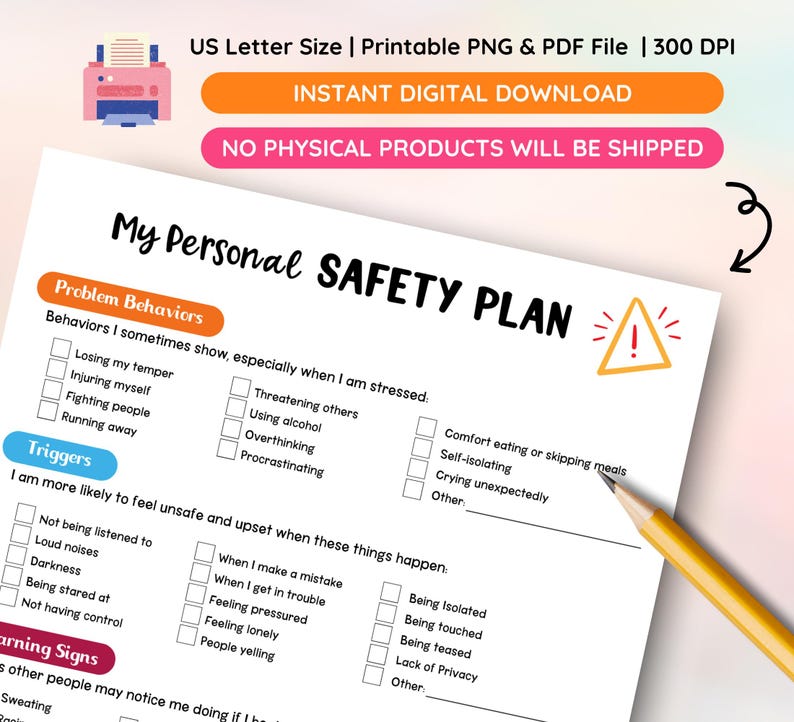 mental health worksheet, safety plan template, depression support tool, printable therapy tool, crisis plan worksheet, digital mental health tool, mental health planner, therapy worksheet printable, coping strategies worksheet, instant download PDF, mental health self care, emotional wellness plan, printable mental health guide