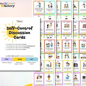 May include: A pack of "Self-Control Discussion Cards" with a sun graphic and text. The cards focus on self-control at school, during recess, with friendships, and at home. The cards include prompts to STOP, THINK, and ACT. The Feelings Factory logo is visible.