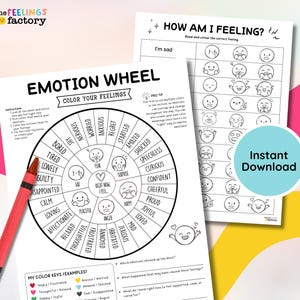 Può includere: Una ruota delle emozioni in bianco e nero con il testo "EMOTION WHEEL COLOR YOUR FEELINGS". Una matita rossa è a sinistra. La ruota ha sezioni per sentimenti diversi. Una pagina con il testo "HOW AM I FEELING?" è a destra.