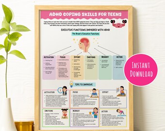 ADHD Coping Skills Handout for Teens: Executive Functioning, Grounding (Instant Download)